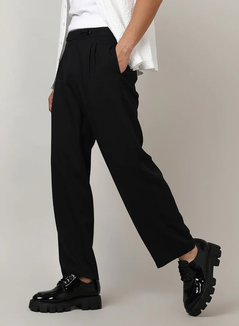 CAHOOT  Men's Onyx Black Solid Tailored Trousers For Casual Wear | 4 Pockets | Mid-Rise | Button Closure | Trousers Crafted With Comfort Fit For Everyday Wear for Men | Best Price UAE